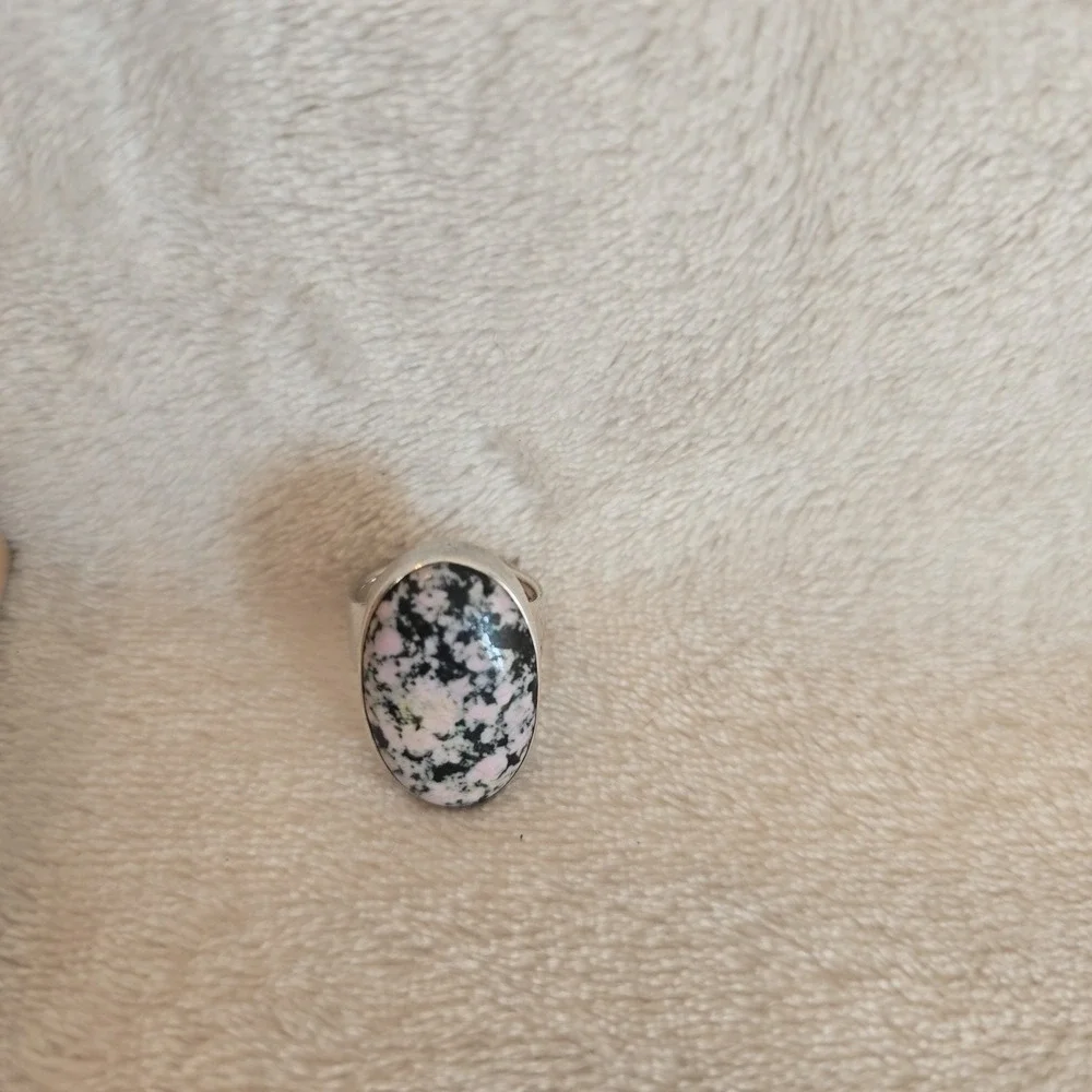 Oval Pink And Black Speckled Ring Sterling Silver Earthy Boho-chic
